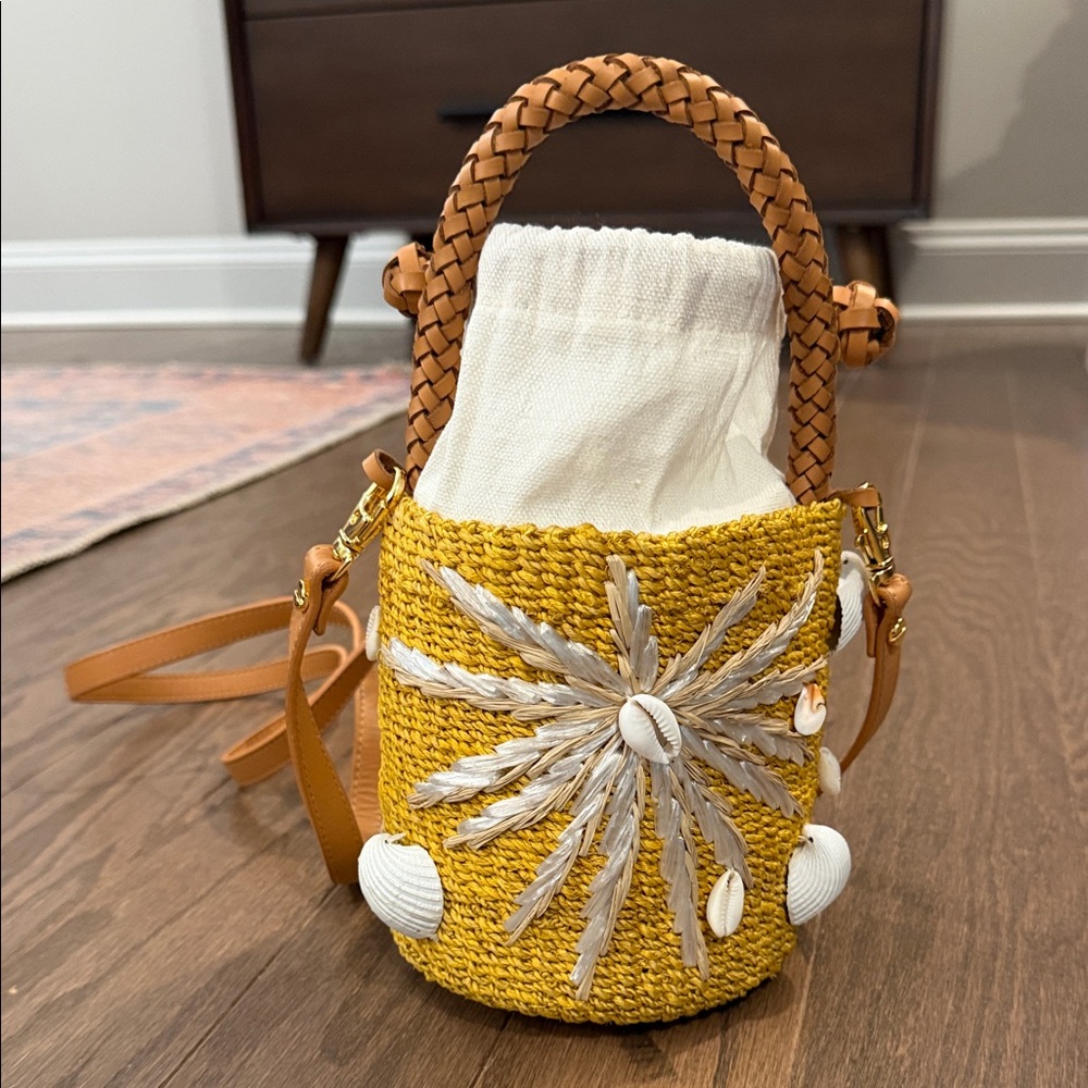 Aranaz Yellow Raffia Mini Bucket Bag with Shell Embellishments